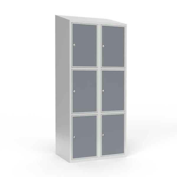 Skoleskab 80x55x190cm, 6 rum, skråt tag, grå døre, cylinderlåse