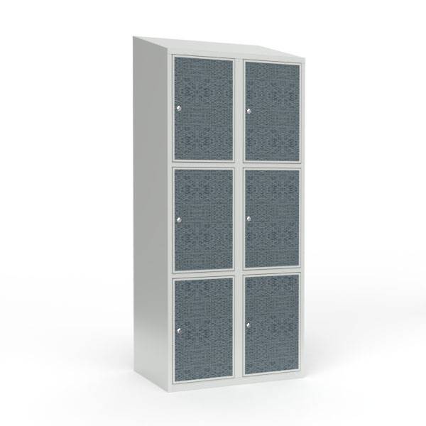 Skoleskab 80x55x190cm, 6 rum, skråt tag, sorte døre, cylinderlåse