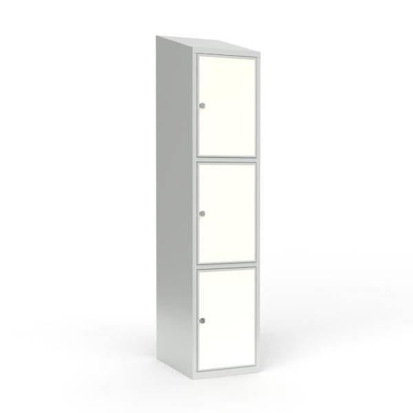 Skoleskab 40x55x190cm, 3 rum, skråt tag, hvide døre, hængelåse