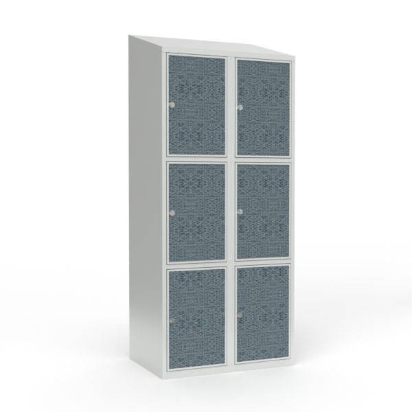 Skoleskab 80x55x190cm, 6 rum, skråt tag, sorte døre, hængelåse