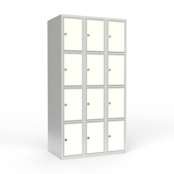 Skoleskab 90x55x175cm, 12 rum, lige tag, hvide d&oslash;re, h&aelig;ngel&aring;se