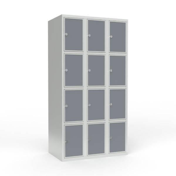 Skoleskab 90x55x175cm, 12 rum, lige tag, grå døre, hængelåse
