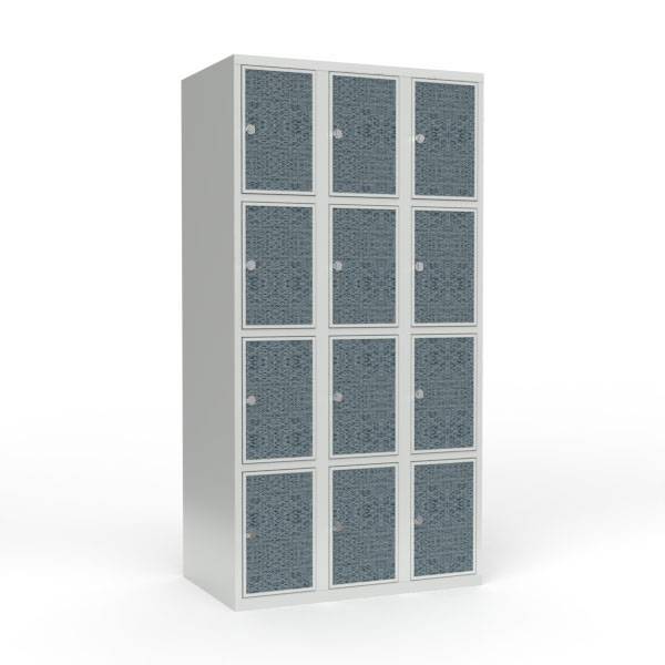 Skoleskab 90x55x175cm, 12 rum, lige tag, sorte døre, hængelåse