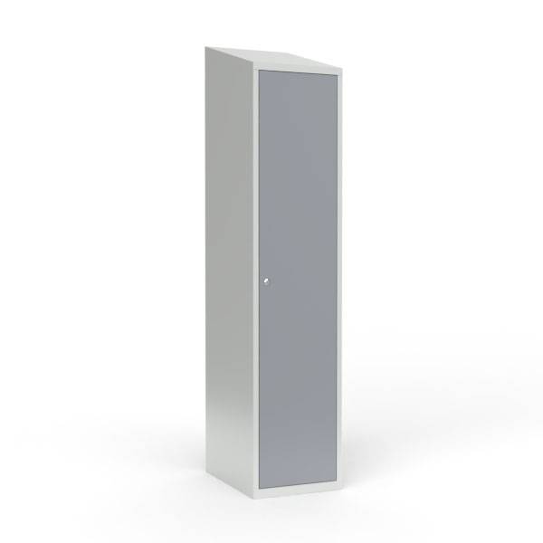 Skoleskab i stål med 1 rum, skråt tag og cylinderlås 40x55x190cm grå