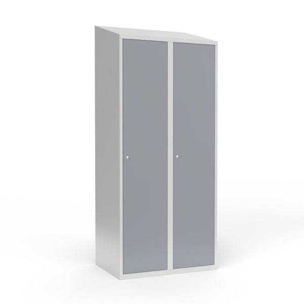 Skoleskab i stål med 2 rum, skråt tag og cylinderlås 80x55x190cm grå