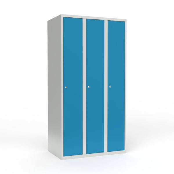 Skoleskab i stål med 3 rum, lige tag og cylinderlås 90x55x175cm lys blå