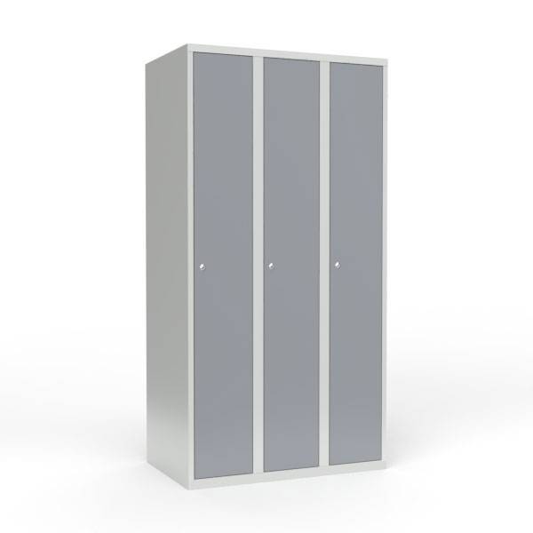 Skoleskab i stål med 3 rum, lige tag og cylinderlås 90x55x175cm grå