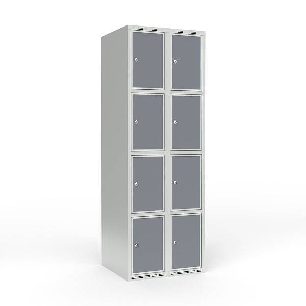 Skoleskab 60x55x175cm, 8 rum, lige tag, grå døre, cylinderlåse