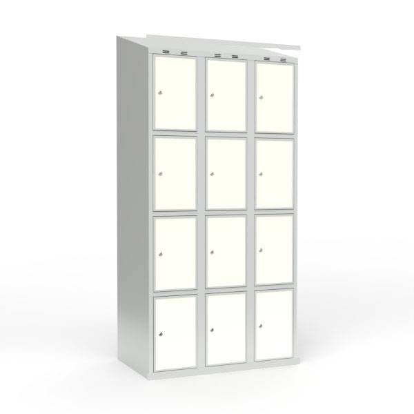 Skoleskab 90x55x175cm, 12 rum, lige tag, hvide døre, cylinderlåse