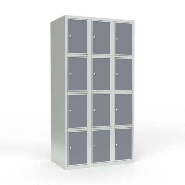 Skoleskab 90x55x175cm, 12 rum, lige tag, grå døre, cylinderlåse