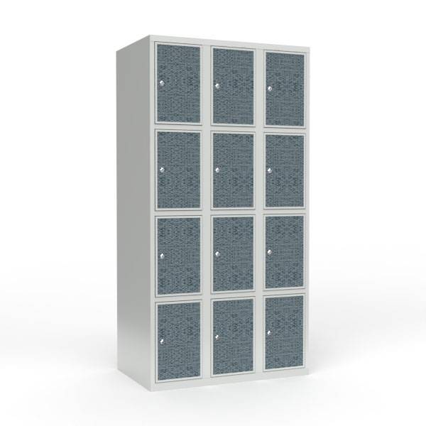 Skoleskab 90x55x175cm, 12 rum, lige tag, sorte døre, cylinderlåse