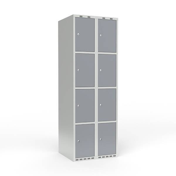 Skoleskab i stål med 8 rum, lige tag og cylinderlås 60x55x175cm grå