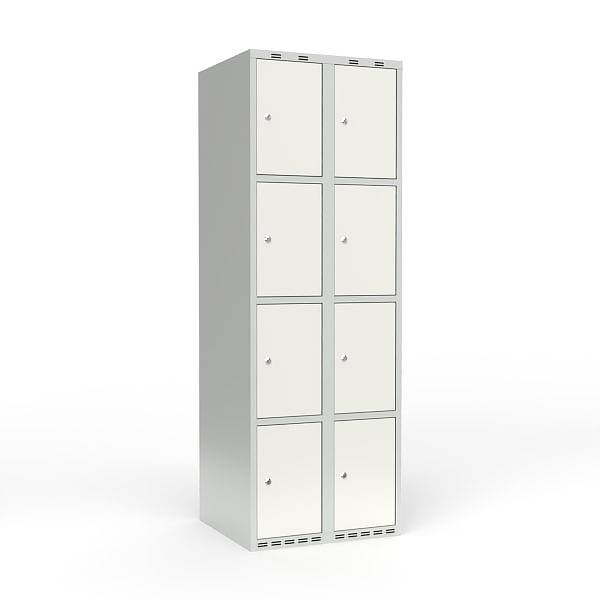 Skoleskab i stål med 8 rum, lige tag og cylinderlås 60x55x175cm hvid