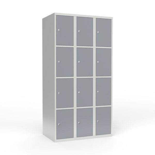 Skoleskab i stål med 12 rum, lige tag og cylinderlås 90x55x175cm grå
