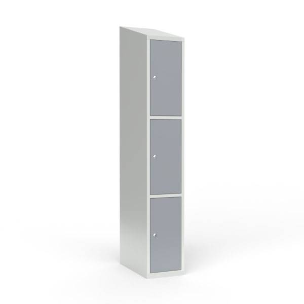 Skoleskab i stål med 3 rum, skråt tag og cylinderlås 30x55x190cm grå