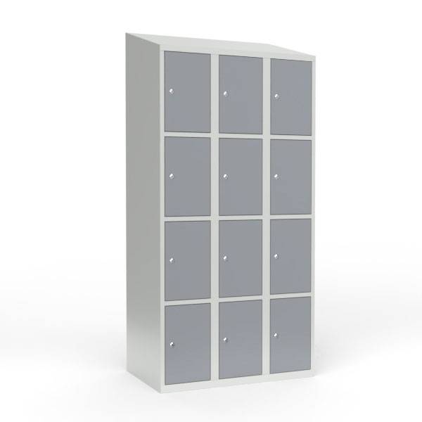 Skoleskab i st&aring;l med 12 rum, skr&aring;t tag og cylinderl&aring;s 90x55x190cm gr&aring;