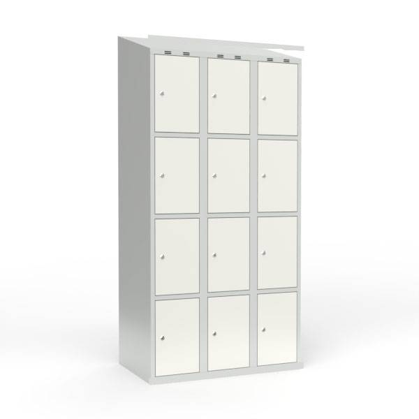 Skoleskab i stål med 12 rum, skråt tag og cylinderlås 90x55x190cm hvid
