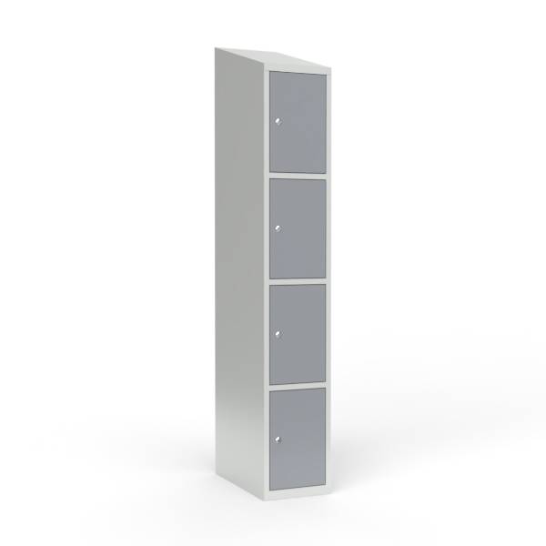 Skoleskab i st&aring;l med 4 rum, skr&aring;t tag og cylinderl&aring;s 30x55x190cm gr&aring;