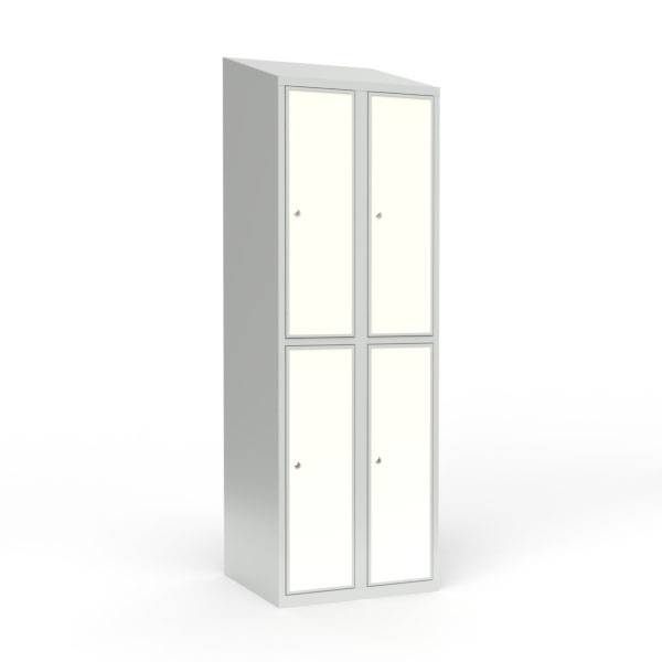 Skoleskab 60x55x190cm, 4 rum, skråt tag, hvide døre, cylinderlåse