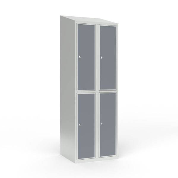 Skoleskab 60x55x190cm, 4 rum, skråt tag, grå døre, cylinderlåse