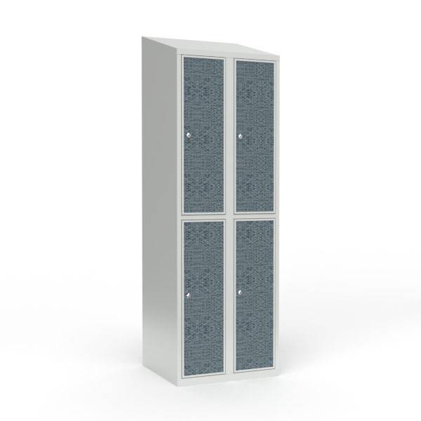 Skoleskab 60x55x190cm, 4 rum, skr&aring;t tag, sorte d&oslash;re, cylinderl&aring;se