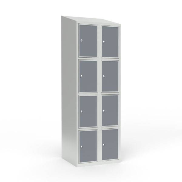 Skoleskab 60x55x190cm, 8 rum, skråt tag, grå døre, cylinderlåse