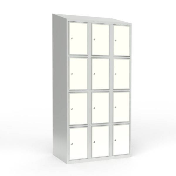 Skoleskab 90x55x190cm, 12 rum, skråt tag, hvide døre, cylinderlåse