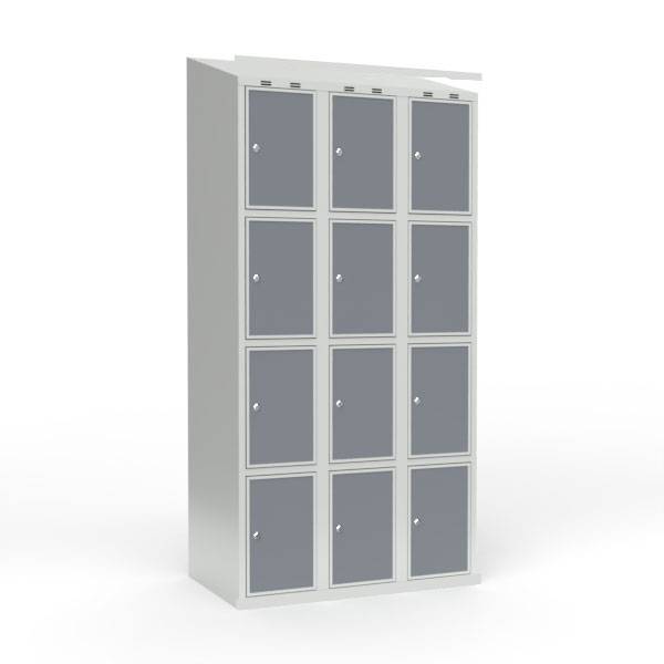 Skoleskab 90x55x190cm, 12 rum, skr&aring;t tag, gr&aring; d&oslash;re, cylinderl&aring;se