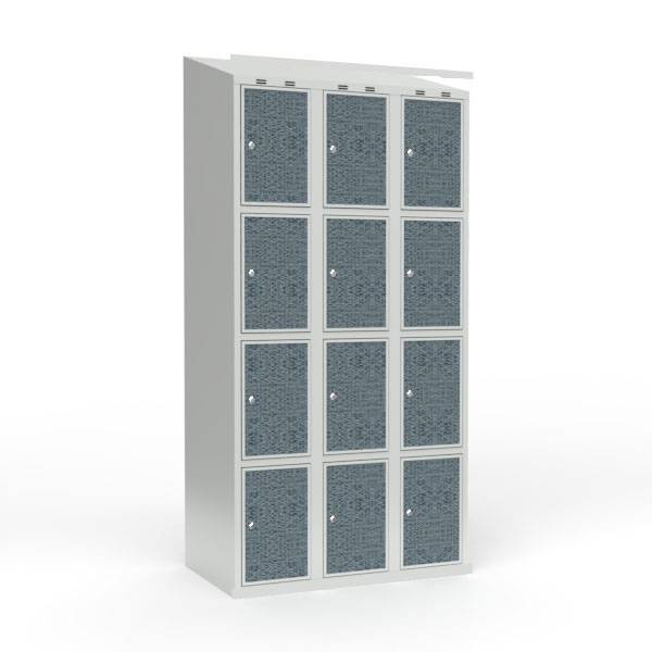 Skoleskab 90x55x190cm, 12 rum, skråt tag, sorte døre, cylinderlåse