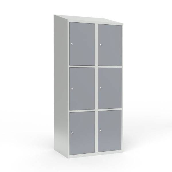 Skoleskab i stål med 6 rum, skråt tag og cylinderlås 80x55x190cm grå