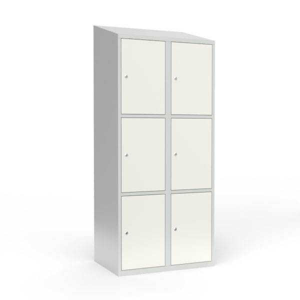 Skoleskab i st&aring;l med 6 rum, skr&aring;t tag og cylinderl&aring;s 80x55x190cm hvid