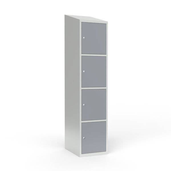 Skoleskab i st&aring;l med 4 rum, skr&aring;t tag og cylinderl&aring;s 40x55x190cm gr&aring;