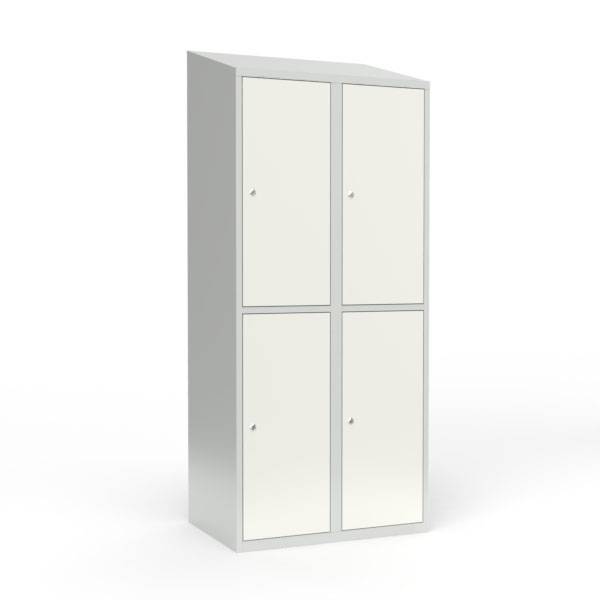 Skoleskab i st&aring;l med 4 rum, skr&aring;t tag og cylinderl&aring;s 80x55x190cm hvid