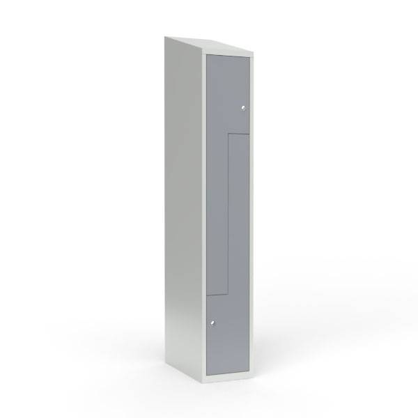 Skoleskab 30x55x190cm, skr&aring;t tag, 2 gr&aring; Z-st&aring;ld&oslash;re, cylinderl&aring;se