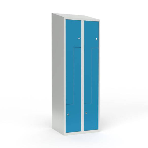 Skoleskab 60x55x190cm, skr&aring;t tag, 4 bl&aring; Z-st&aring;ld&oslash;re, cylinderl&aring;se