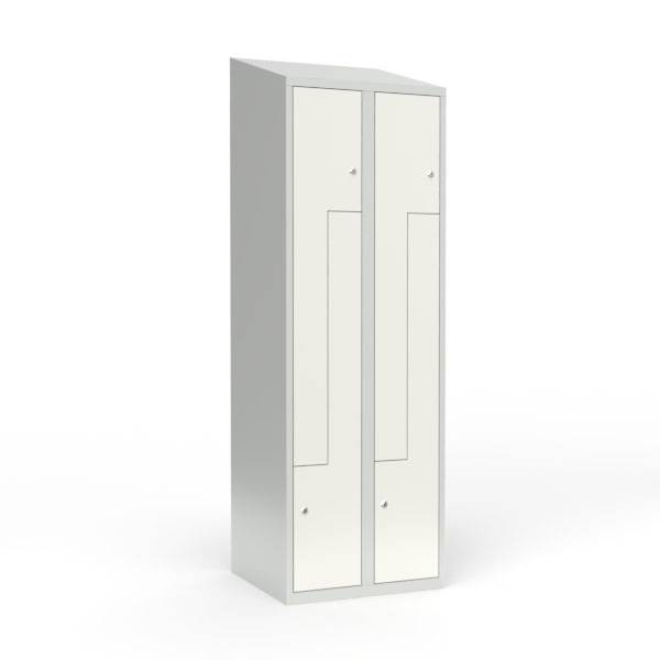 Skoleskab 60x55x190cm, skr&aring;t tag, 4 hvide Z-st&aring;ld&oslash;re, cylinderl&aring;se