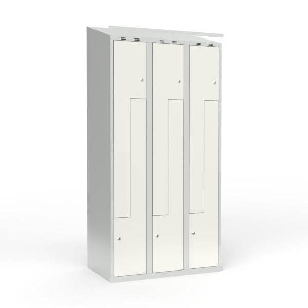 Skoleskab 90x55x190cm, skr&aring;t tag, 6 hvide Z-st&aring;ld&oslash;re, cylinderl&aring;se