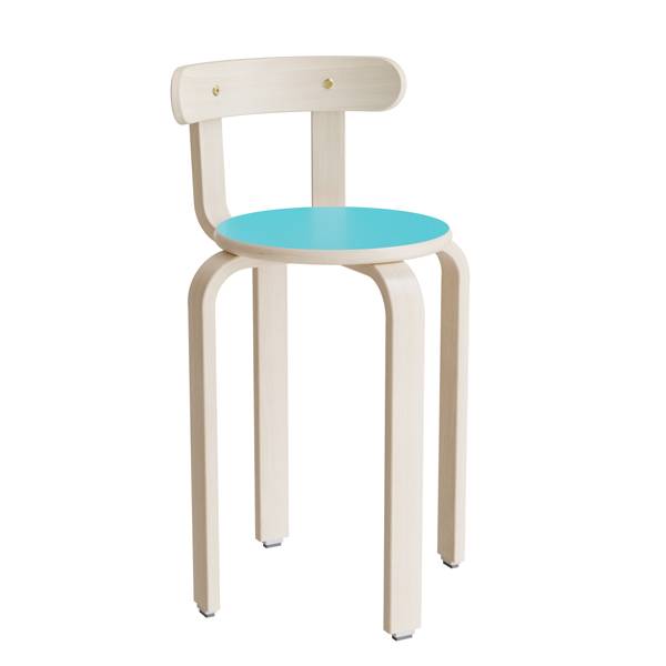 Oscar taburet, sæde i turkis laminat, ben og ryg i birkefinér, højde 52cm 