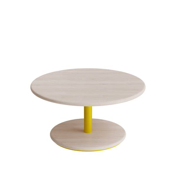 Cafébord Ø70cm, højde 35cm hvidpigmenteret ask på gult stel