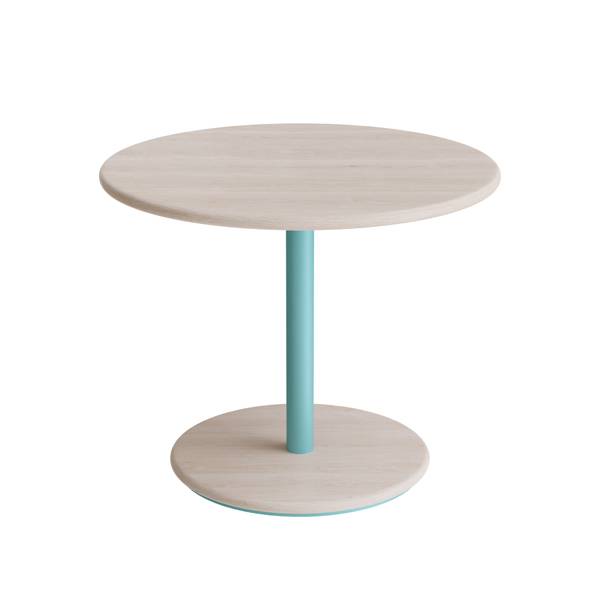 Cafébord Ø70cm, højde 57cm hvidpigmenteret ask på turkis stel