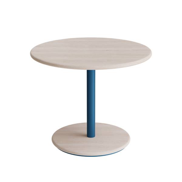 Cafébord Ø70cm, højde 57cm hvidpigmenteret ask på blåt stel