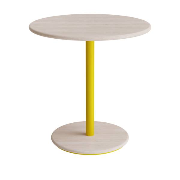Caf&eacute;bord &Oslash;70cm, h&oslash;jde 72cm hvidpigmenteret ask p&aring; gult stel