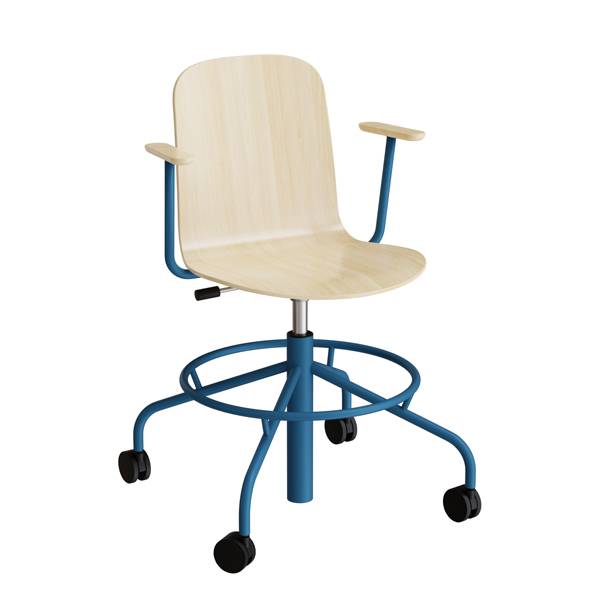 ADD elevstol på hjul med armlæn hvid eg laminat med blåt stel