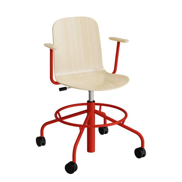 ADD elevstol p&aring; hjul med arml&aelig;n hvid eg laminat med r&oslash;dt stel