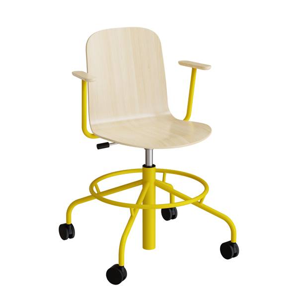 ADD elevstol på hjul med armlæn hvid eg laminat med gult stel