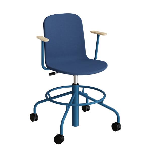 ADD elevstol på hjul med helbetrukket blåt tekstil, armlæn og blåt stel 