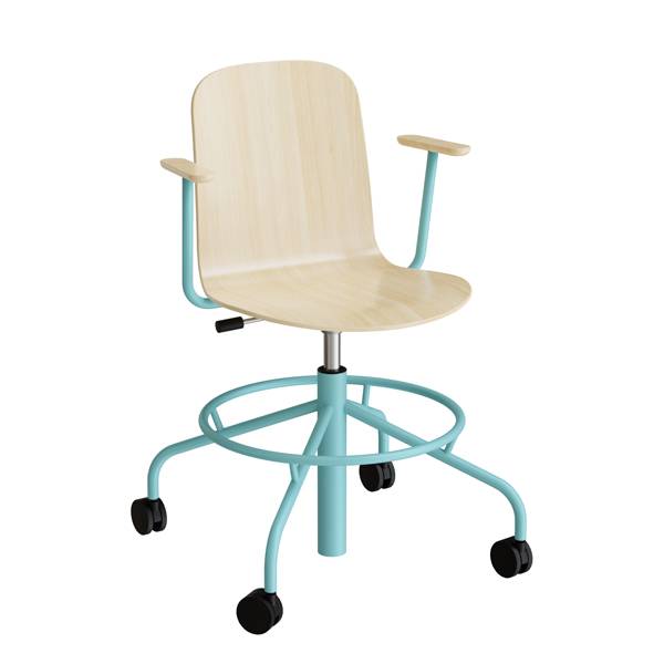 ADD elevstol på hjul med armlæn hvid eg laminat med Turkis stel