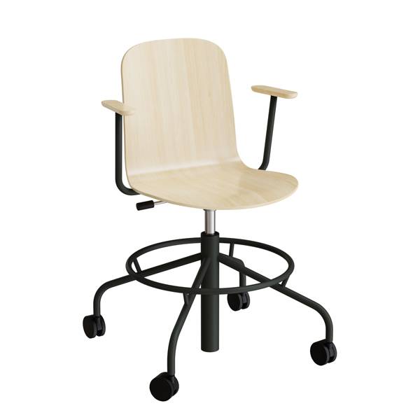 ADD elevstol på hjul med armlæn hvid eg laminat med sort stel