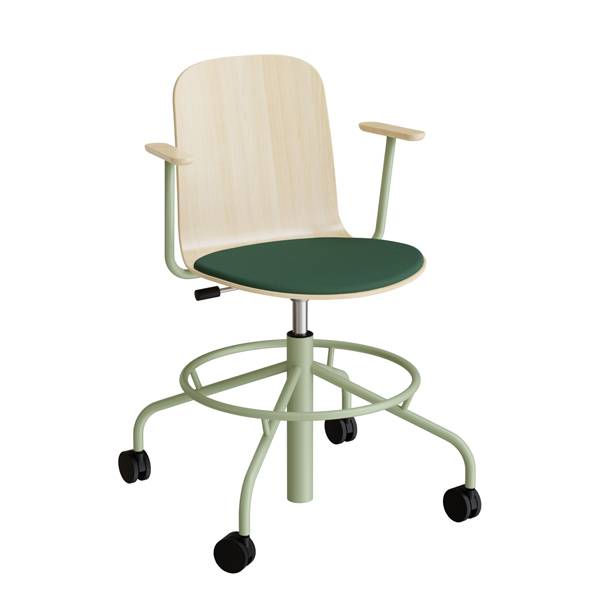 ADD elevstol p&aring; hjul hvidpigmenteret eg laminat med gr&oslash;nt tekstil s&aelig;de, arml&aelig;n og gr&oslash;nt stel