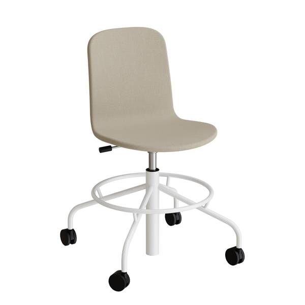 ADD elevstol p&aring; hjul med helbetrukket beige tekstil og hvidt glans stel